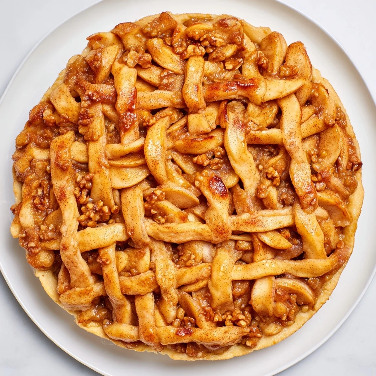 The Lattice Orchard, a beautiful dessert, shows woven apple slices over a sweet walnut filling.