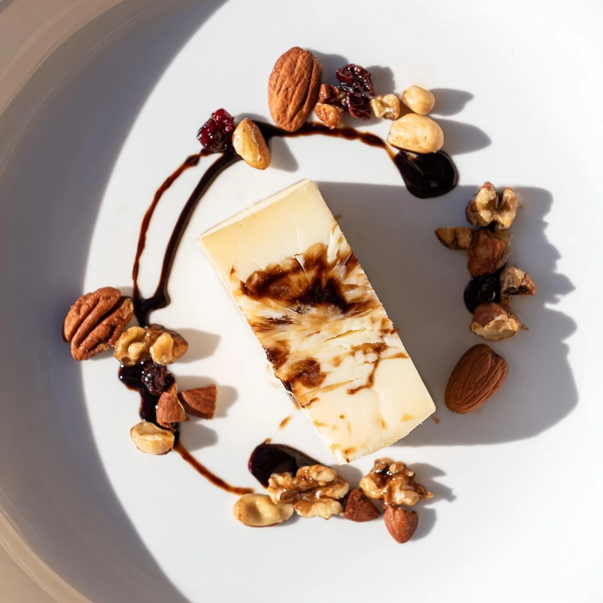 Vivid cheese platter "The Sundial" features aged hard cheese with balsamic glaze's shadow, surrounded by nuts.