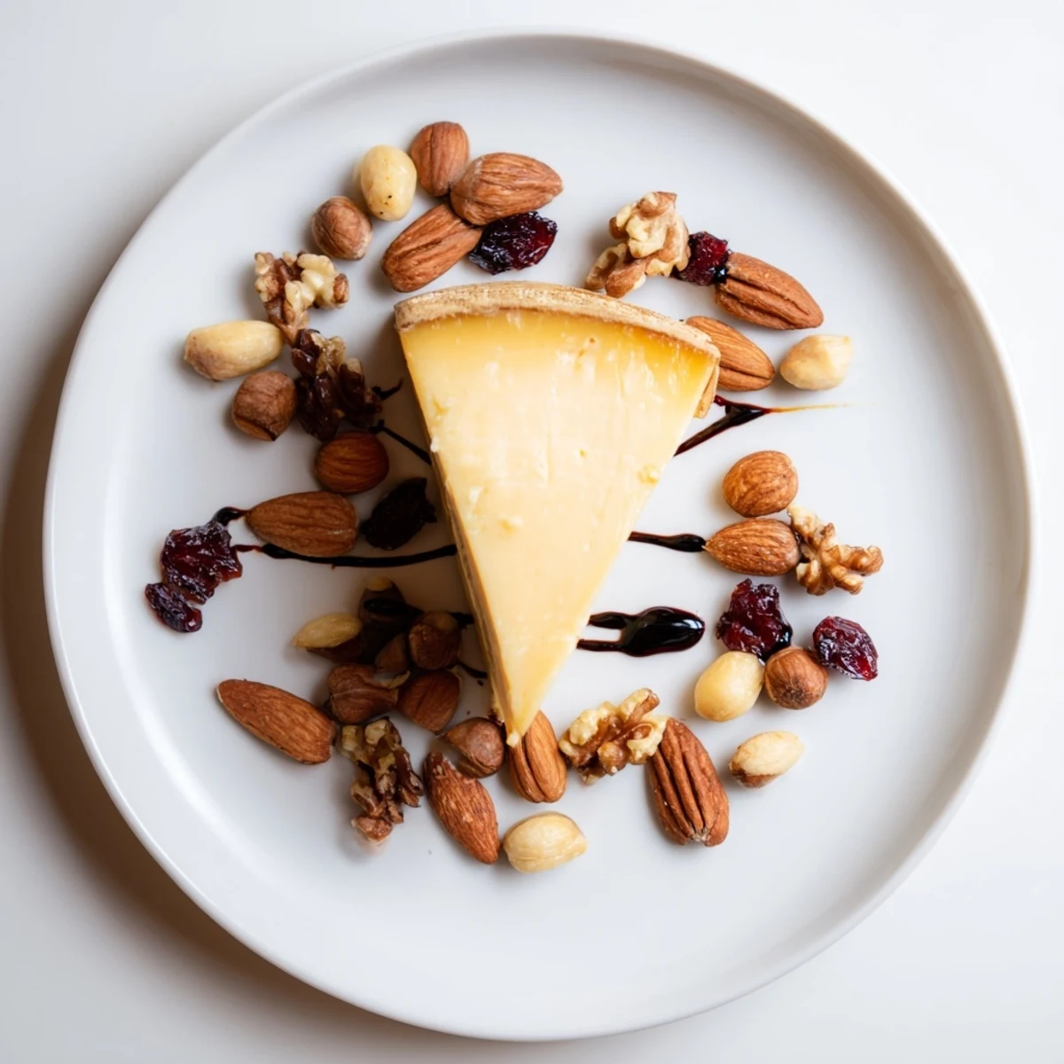 This "Sundial" cheese platter appetizer offers a visually captivating arrangement of cheese, balsamic, and nuts.