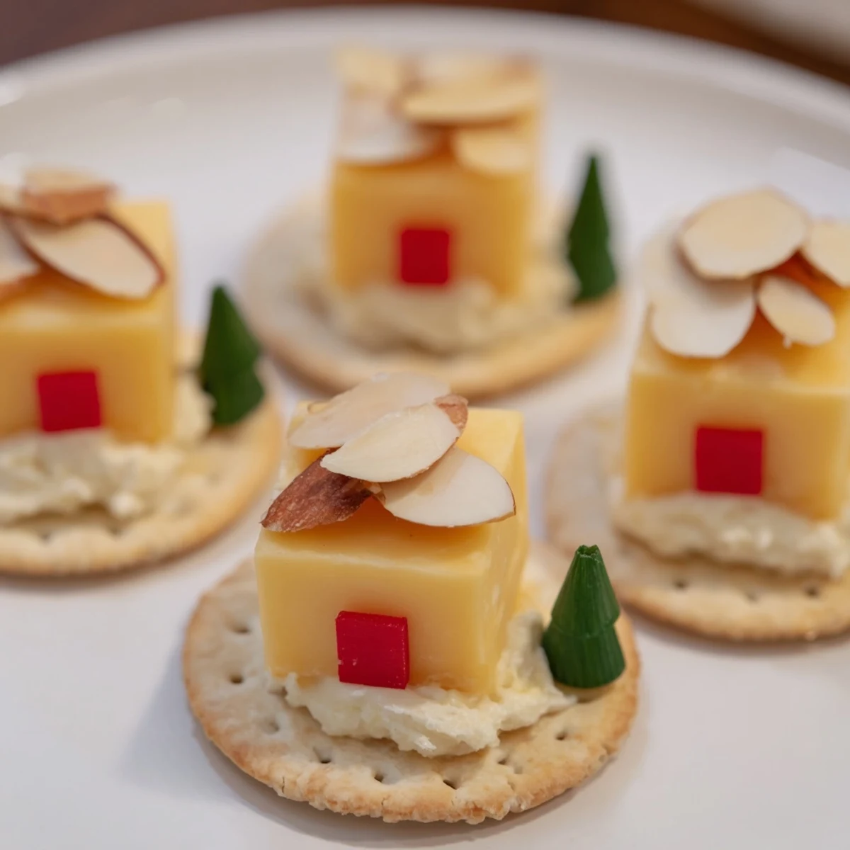 Delectable Alpine Village appetizers feature cheese houses with almond roofs, resting on snowy crackers.