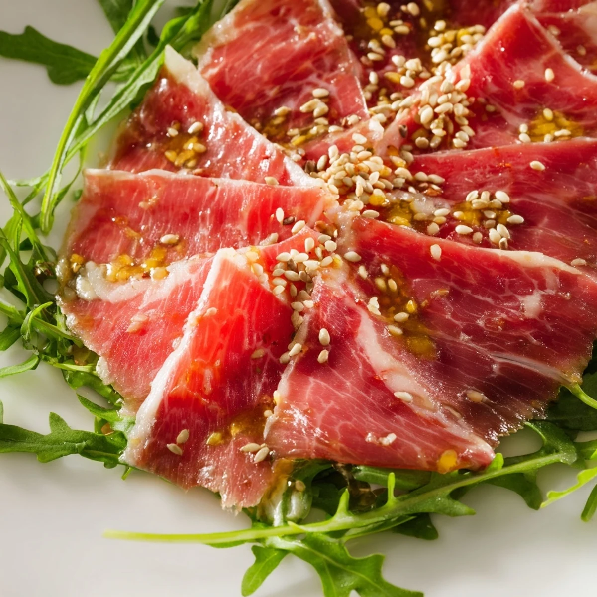 Delicate beef Origami Folds, beautifully arranged with arugula, sesame seeds, and Parmesan for serving.