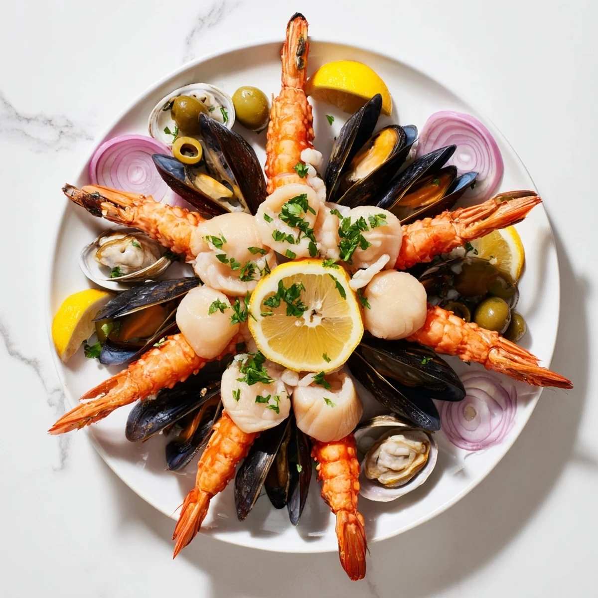 A visually appealing Starfish & Shell Appetizer Board, brimming with chilled seafood and dipping sauces for guests.