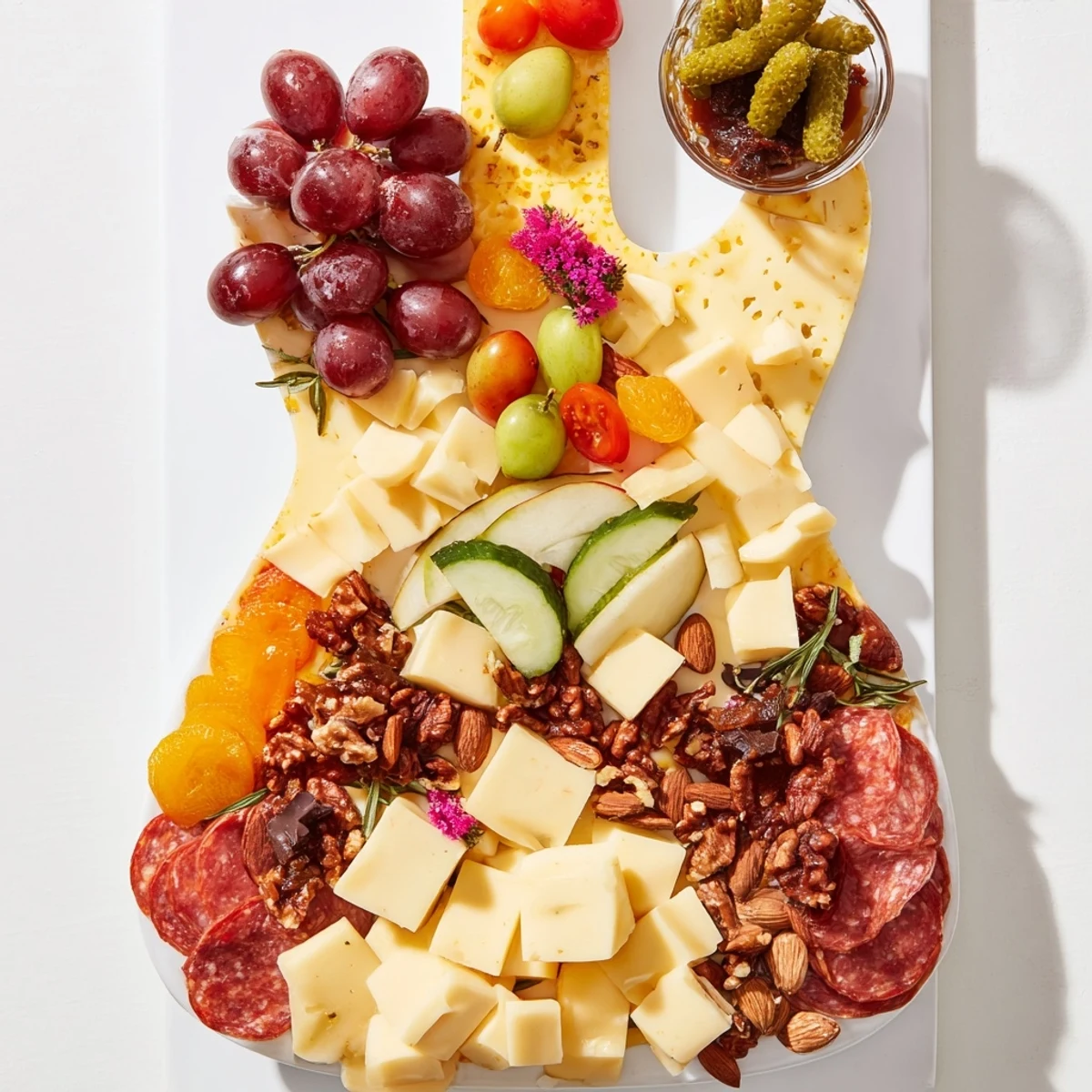 Vibrant Rock Star Guitar Platter featuring sliced meats, cheeses, crackers, and fresh fruit ready to serve.