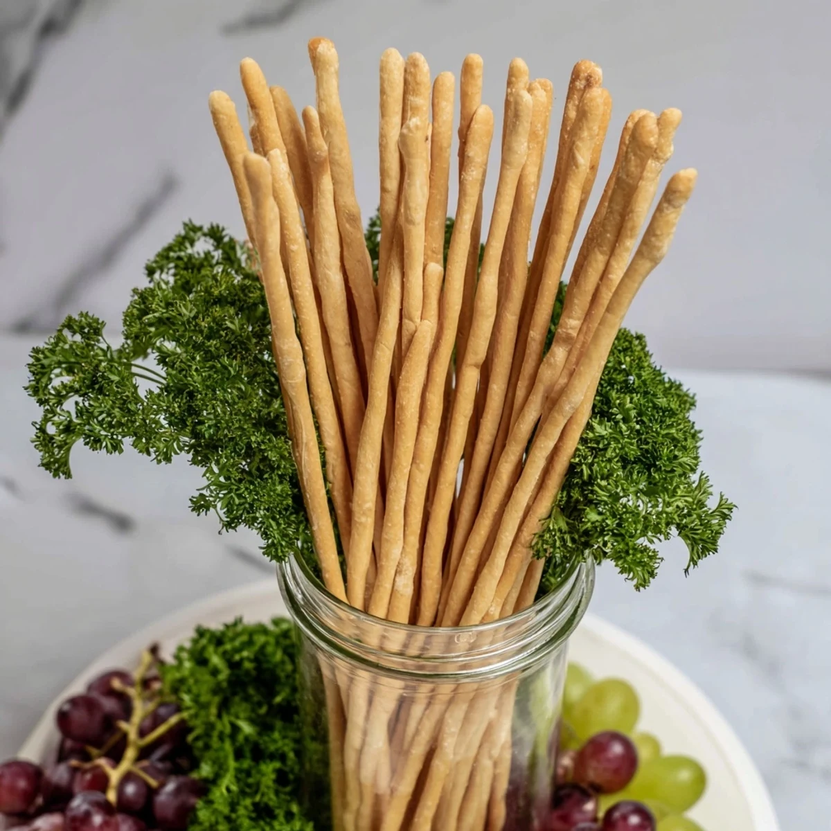 Vibrant "Vertical Forest" food arrangement: breadsticks in jars with grapes and parsley for snacking.
