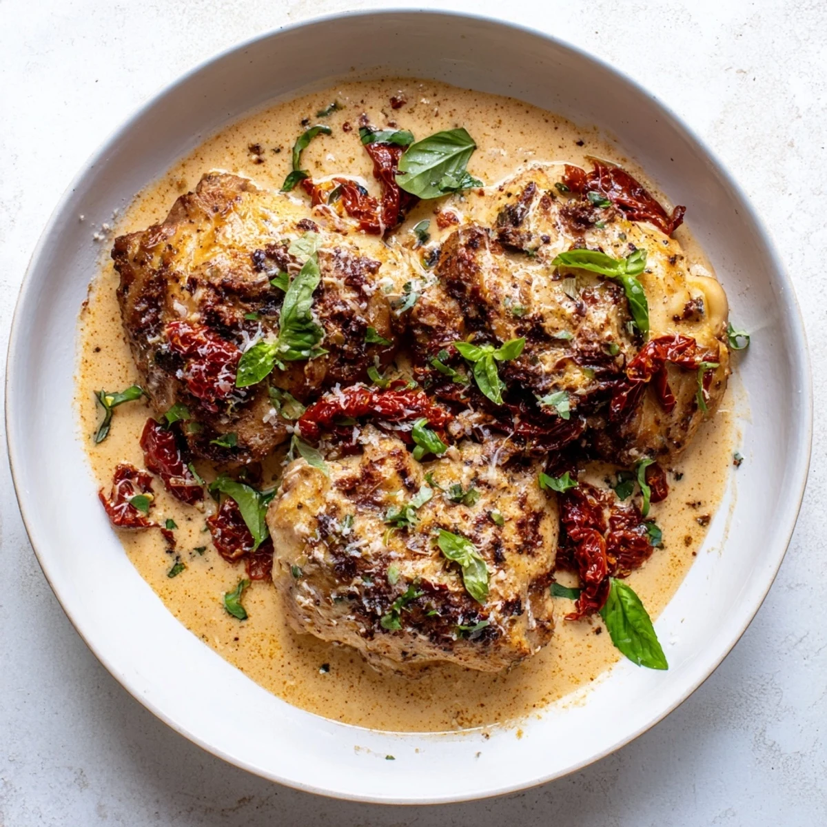 Creamy Sun-Dried Tomato Chicken Skillet, showcasing seared chicken breasts with rich, flavorful sauce and fresh basil.