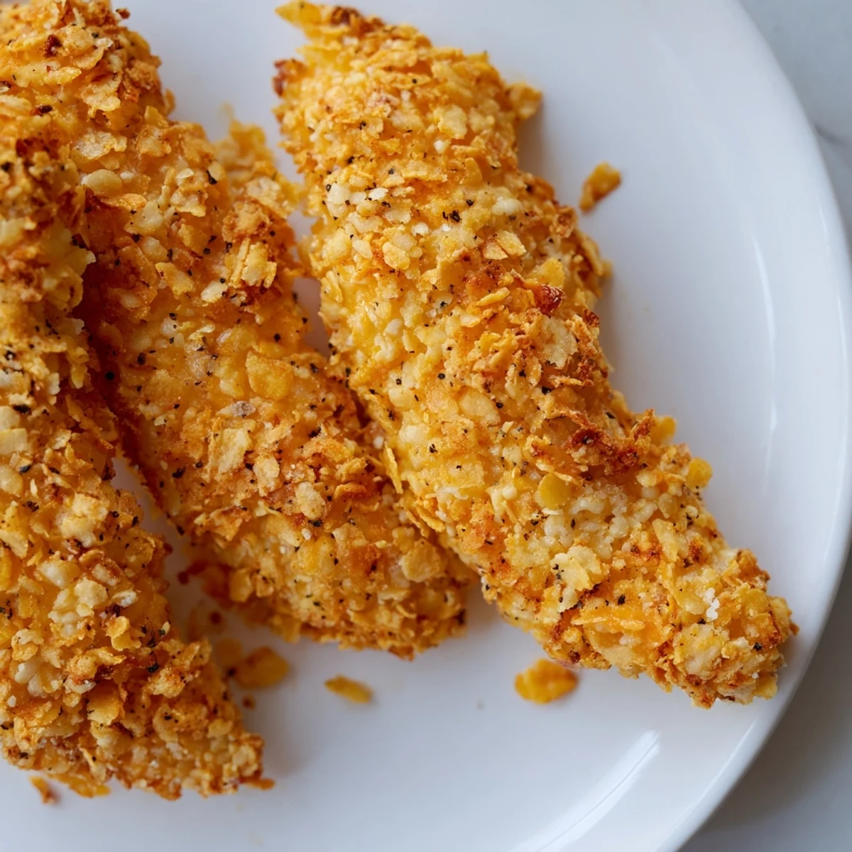 Golden-brown Crispy Onion Chip Chicken Tenders, ready to dunk in your favorite dipping sauce.
