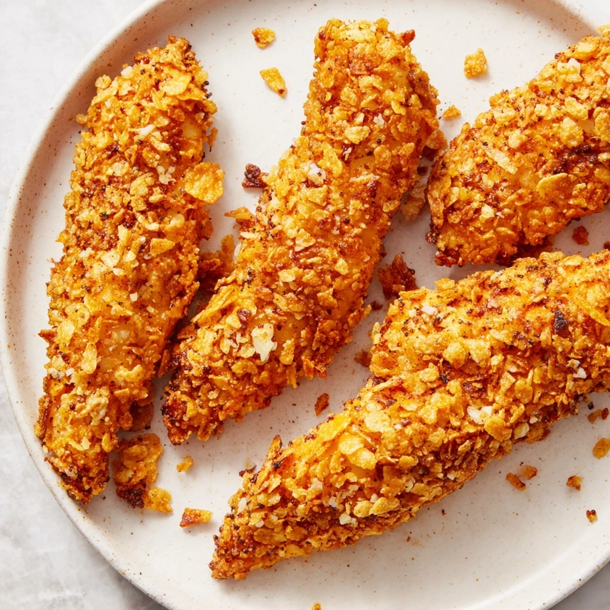 Close-up of freshly baked Crispy Onion Chip Chicken Tenders, highlighting their crunchy texture and savory aromas.