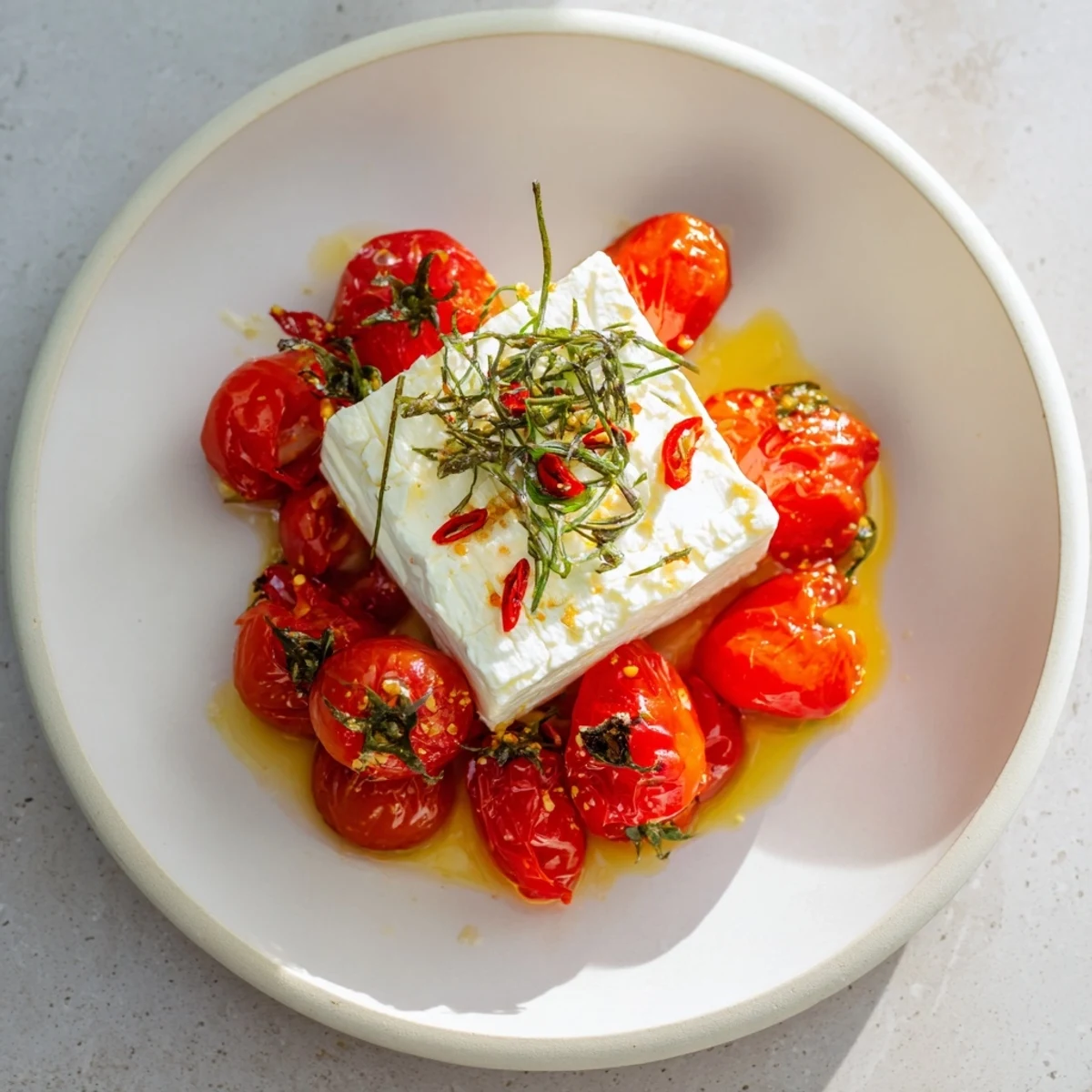 Golden baked feta with juicy roasted tomatoes, hot honey, and fresh basil, ready to serve!