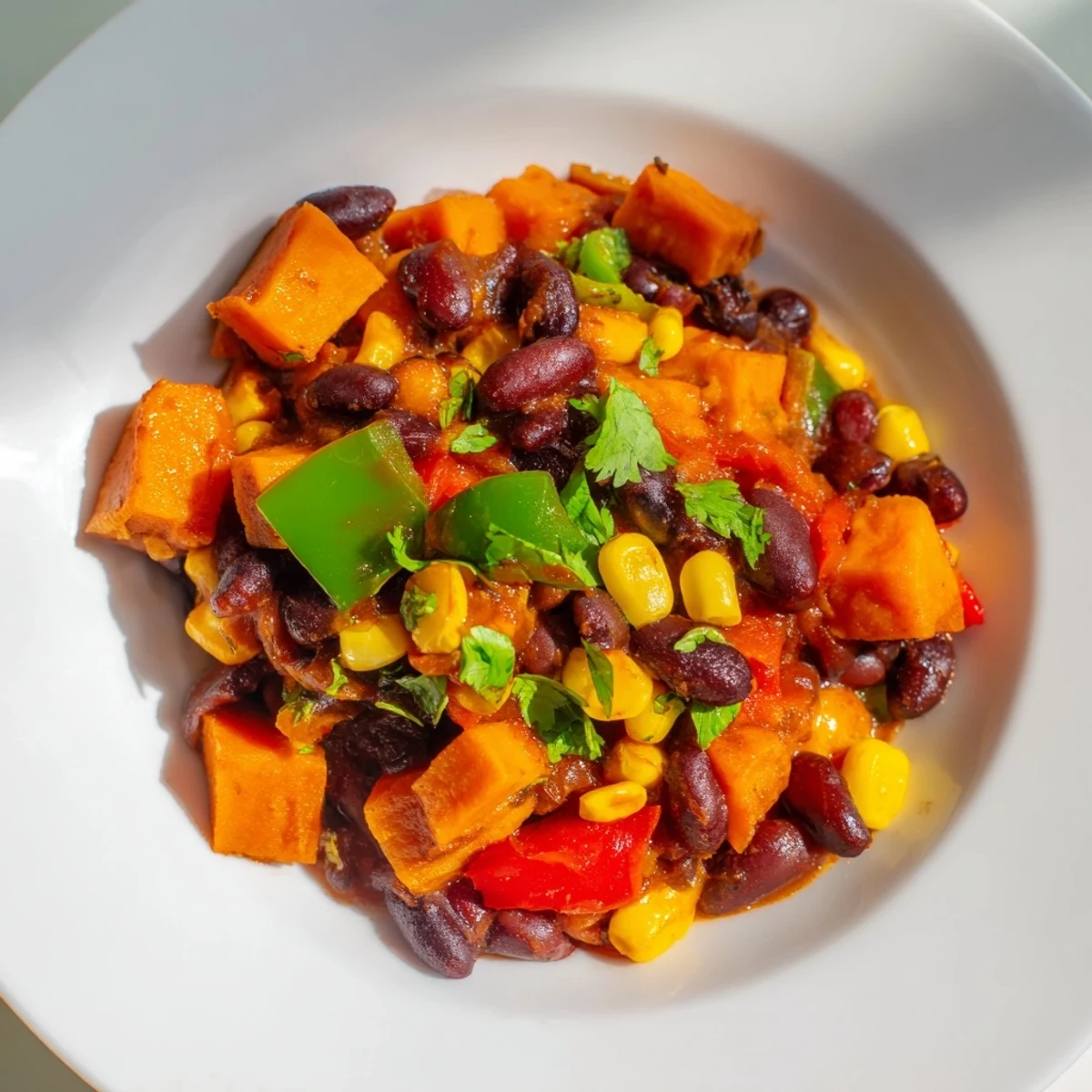 A steaming bowl of Smoky Sweet Potato Chili, filled with colorful vegetables and savory aromas.