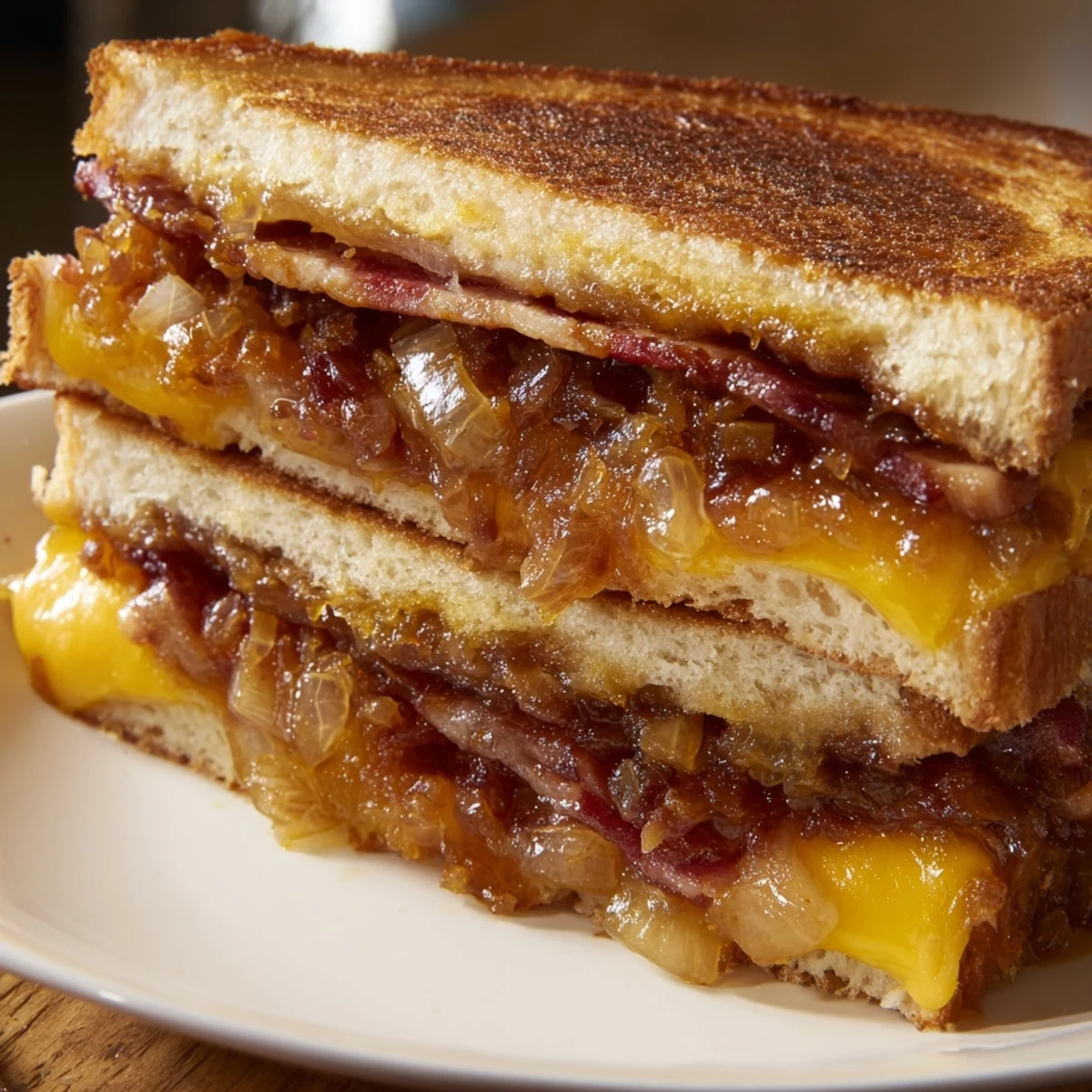 Golden, gooey Bacon Jam Grilled Cheese melting with sharp cheddar and Gruyère on toasted bread.