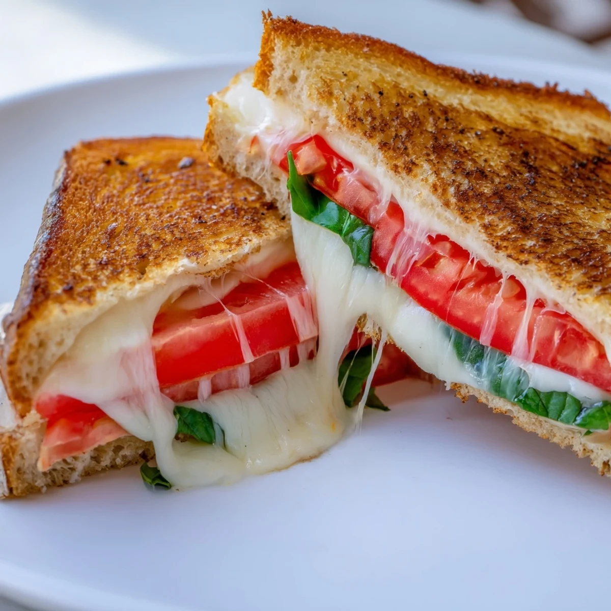 Golden-brown tomato basil grilled cheese, oozing with melted mozzarella and fresh tomato slices.