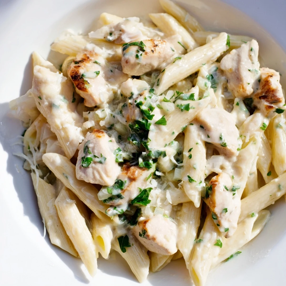 One-pan Quick Garlic Parmesan Chicken Pasta finished with parsley and parmesan, ready to be served hot.