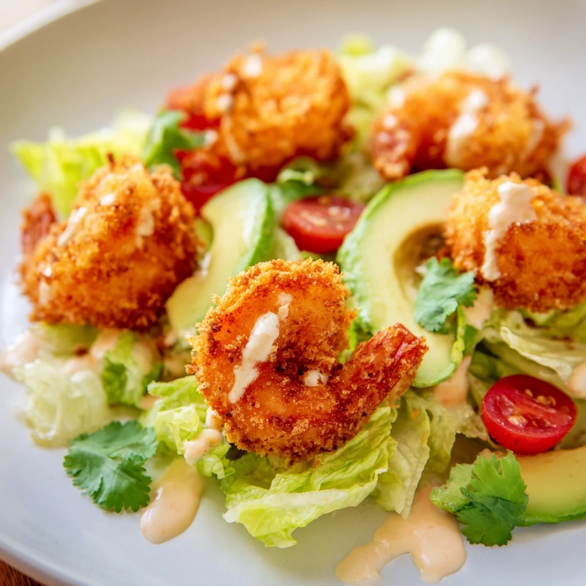 Golden, crispy Spicy Crispy Shrimp Salad: Imagine the fried shrimp next to fresh salad components.