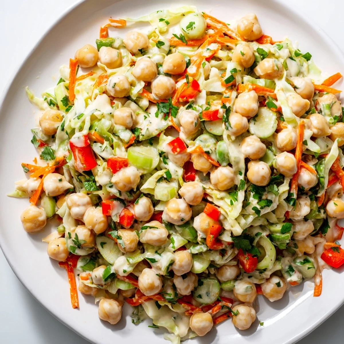 Vibrant fiber-forward chickpea salad with creamy tahini dressing, perfect for a light, healthy lunch.