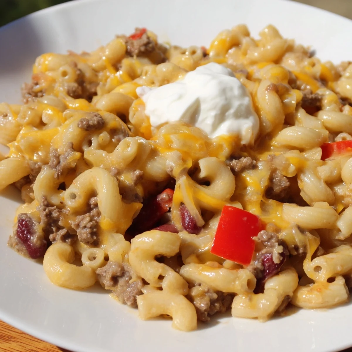 A delicious, steaming one-pot chili mac with melted cheese, perfect for a hearty meal.
