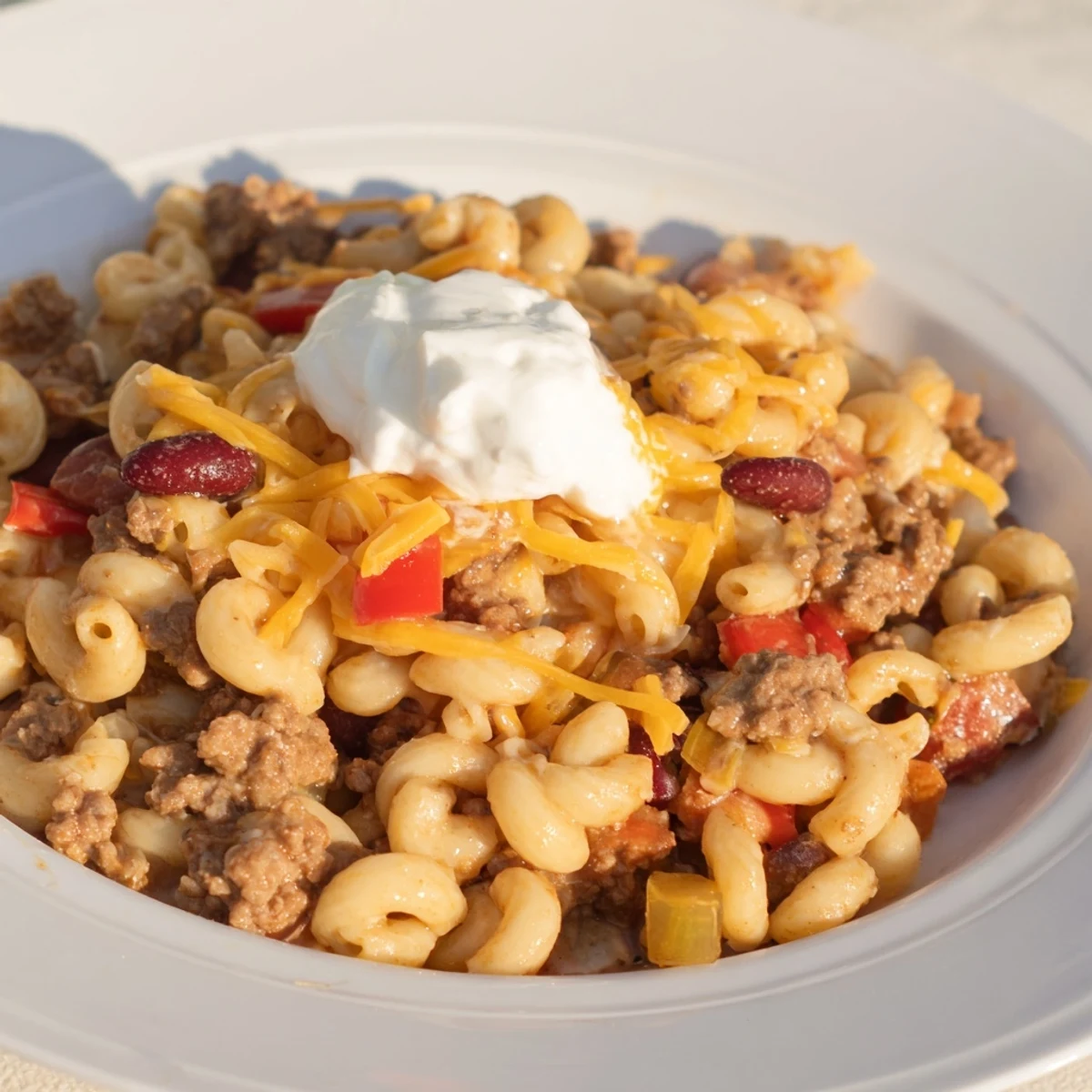 This warm bowl of one-pot chili mac shows tender pasta in a rich tomato sauce, ready to eat.