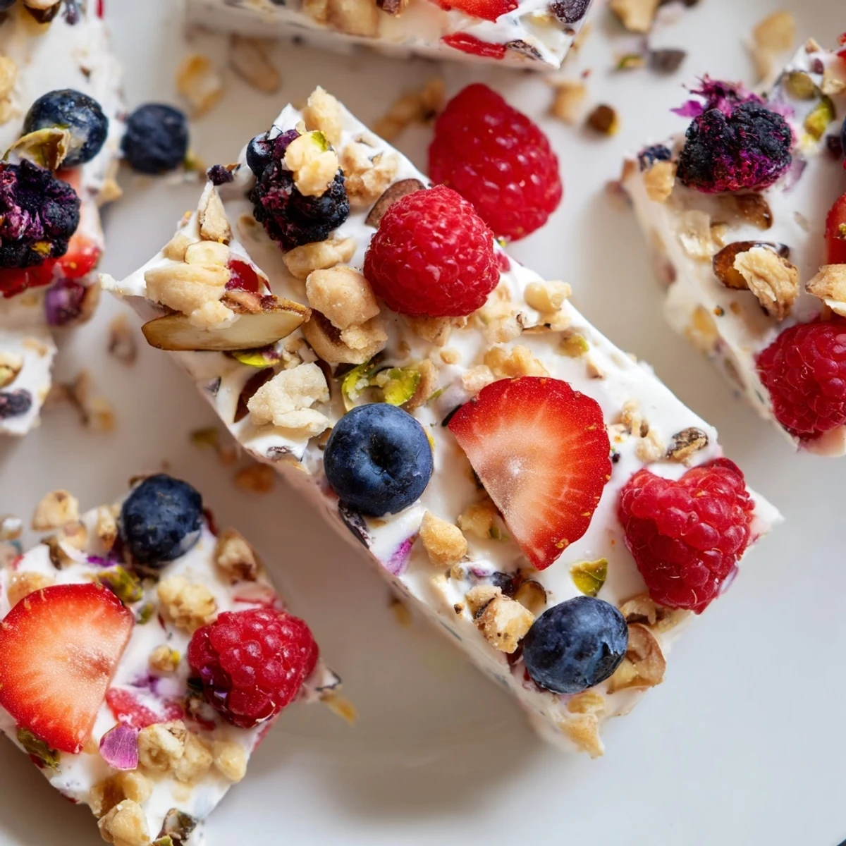 Cool, creamy frozen fruit yogurt bark, beautifully speckled with vibrant berries and crunchy granola.