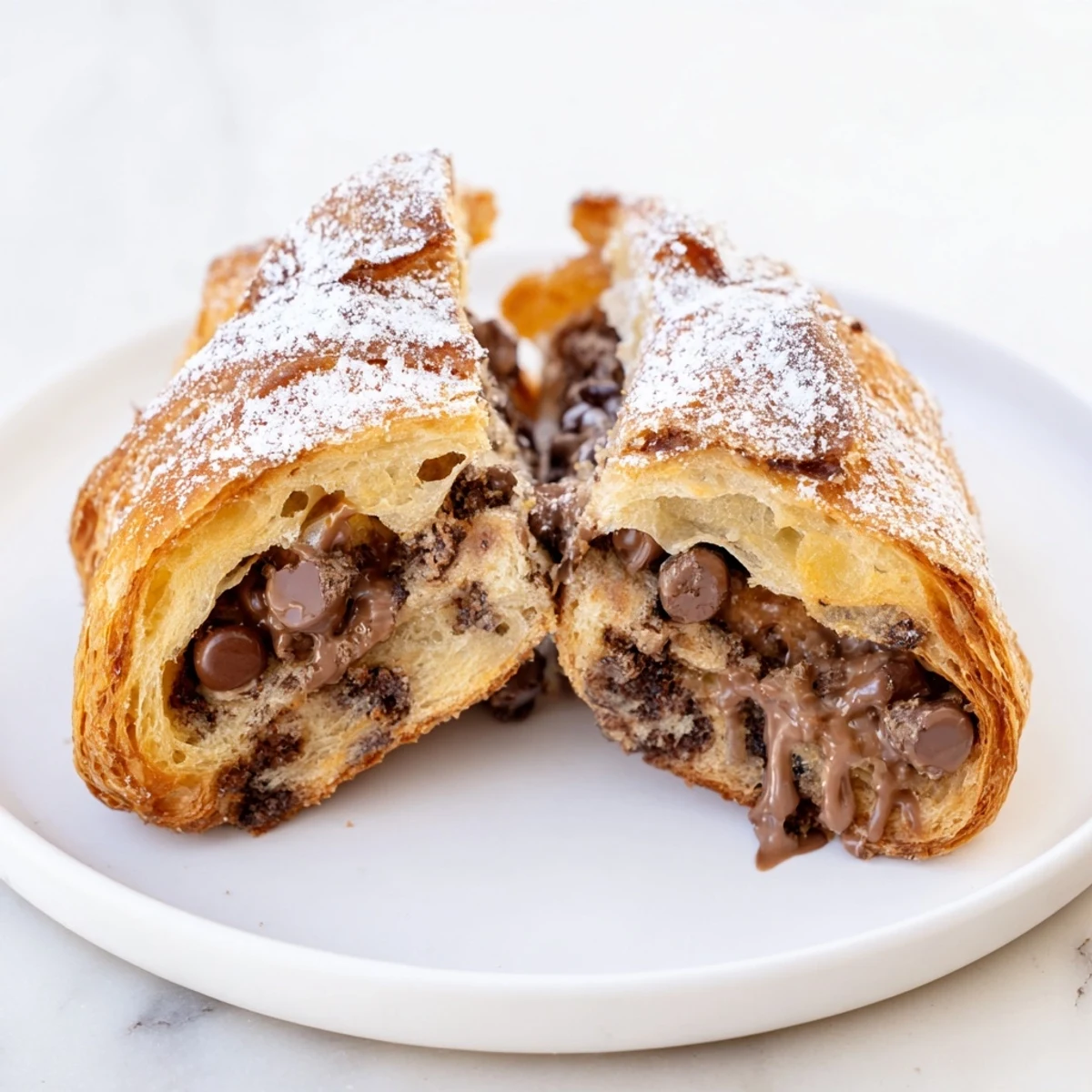 Flaky Cookie Croissant with golden, buttery layers and a melty chocolate chip center.