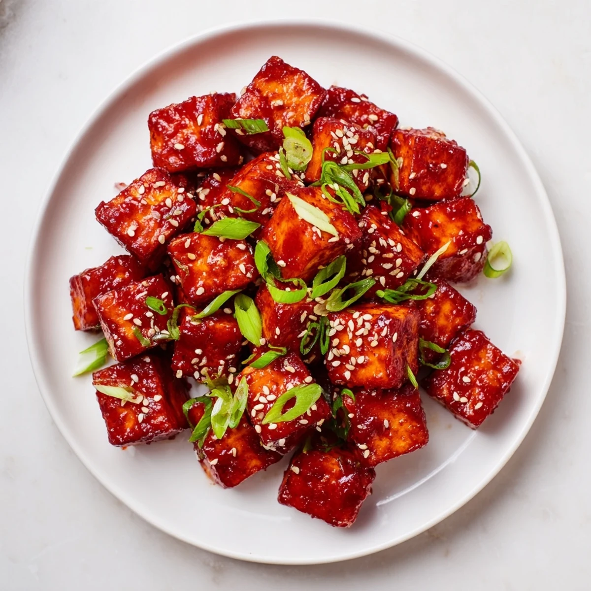 Crispy honey gochujang tofu glistening in a sweet, savory sauce, ready to be enjoyed.