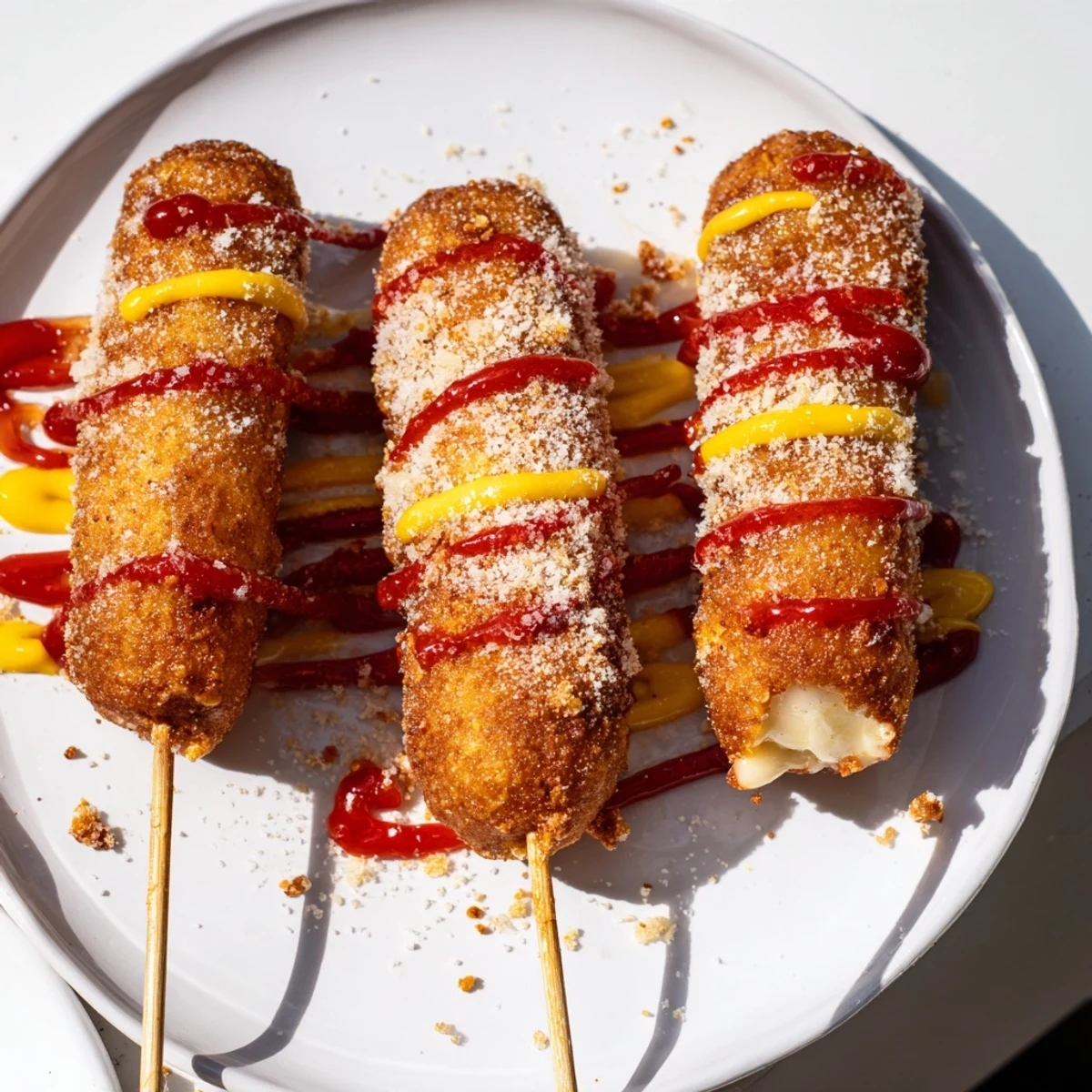 Crispy battered Cheesy Korean Corn Dogs fresh from the fryer, ready for ketchup and mustard.