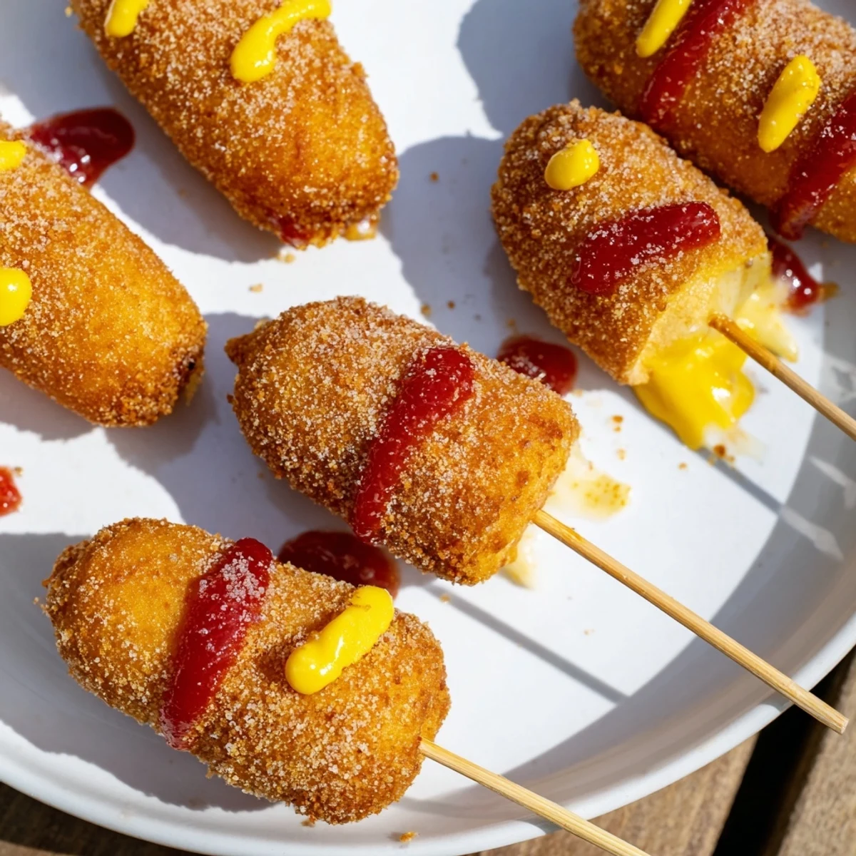 Stretchy cheese pulls from a delicious, golden Cheesy Korean Corn Dog, a fun street food treat.