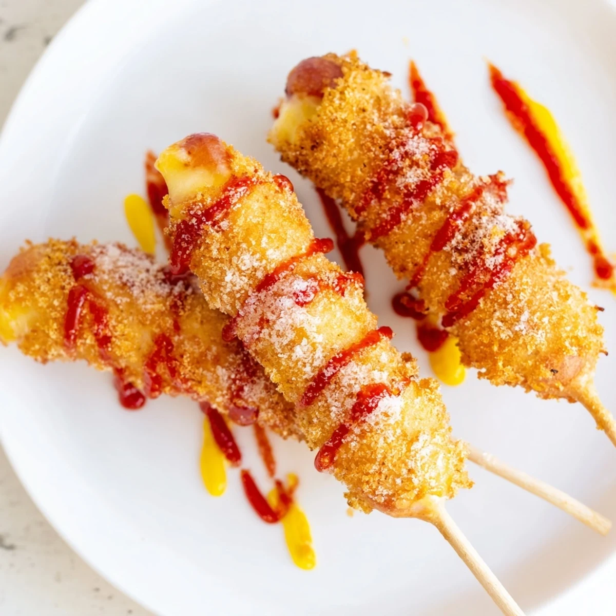 Golden-brown Cheesy Korean Corn Dogs, with a sweet-savory crunch perfect for snacking.