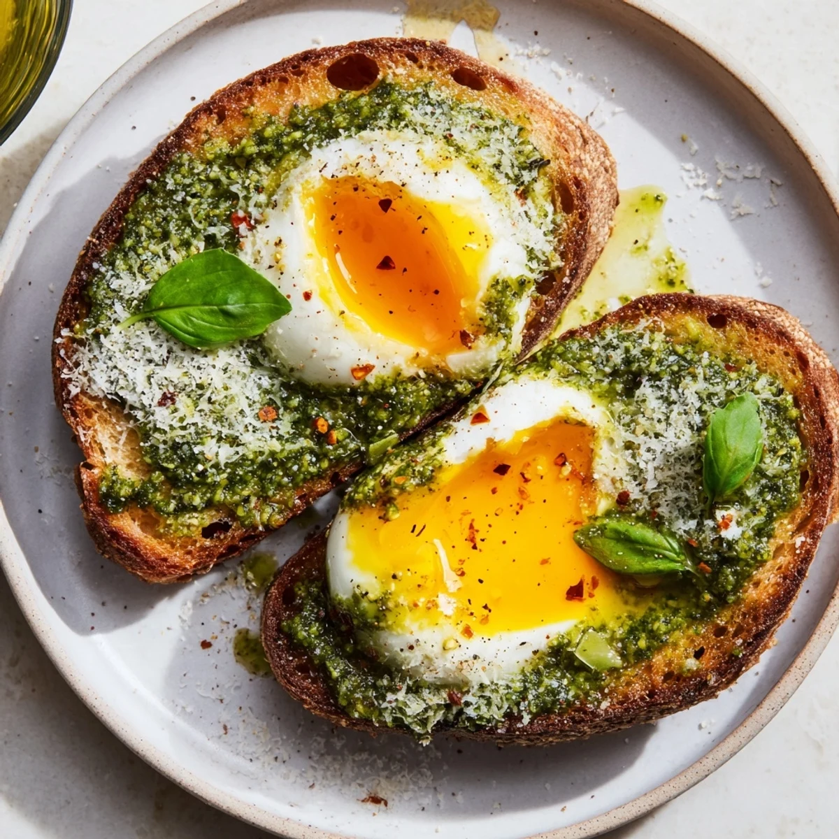 Golden Pesto Egg Toast: perfectly poached eggs on pesto-covered toast, ready for a delicious breakfast.