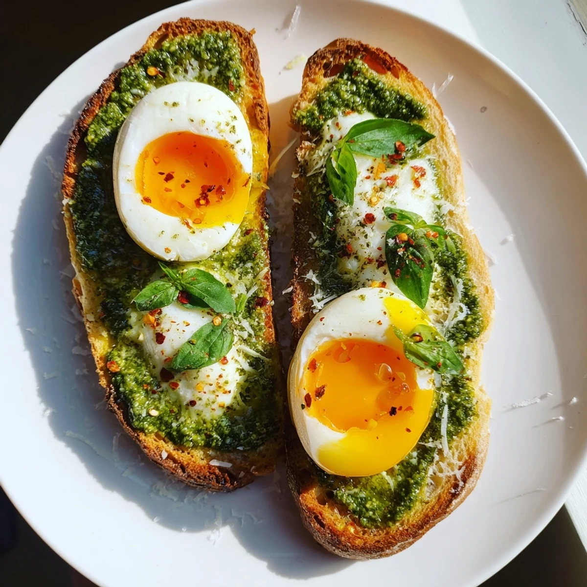 Fresh, herby Pesto Egg Toast: a visually appealing dish with vibrant green pesto and runny yolks.