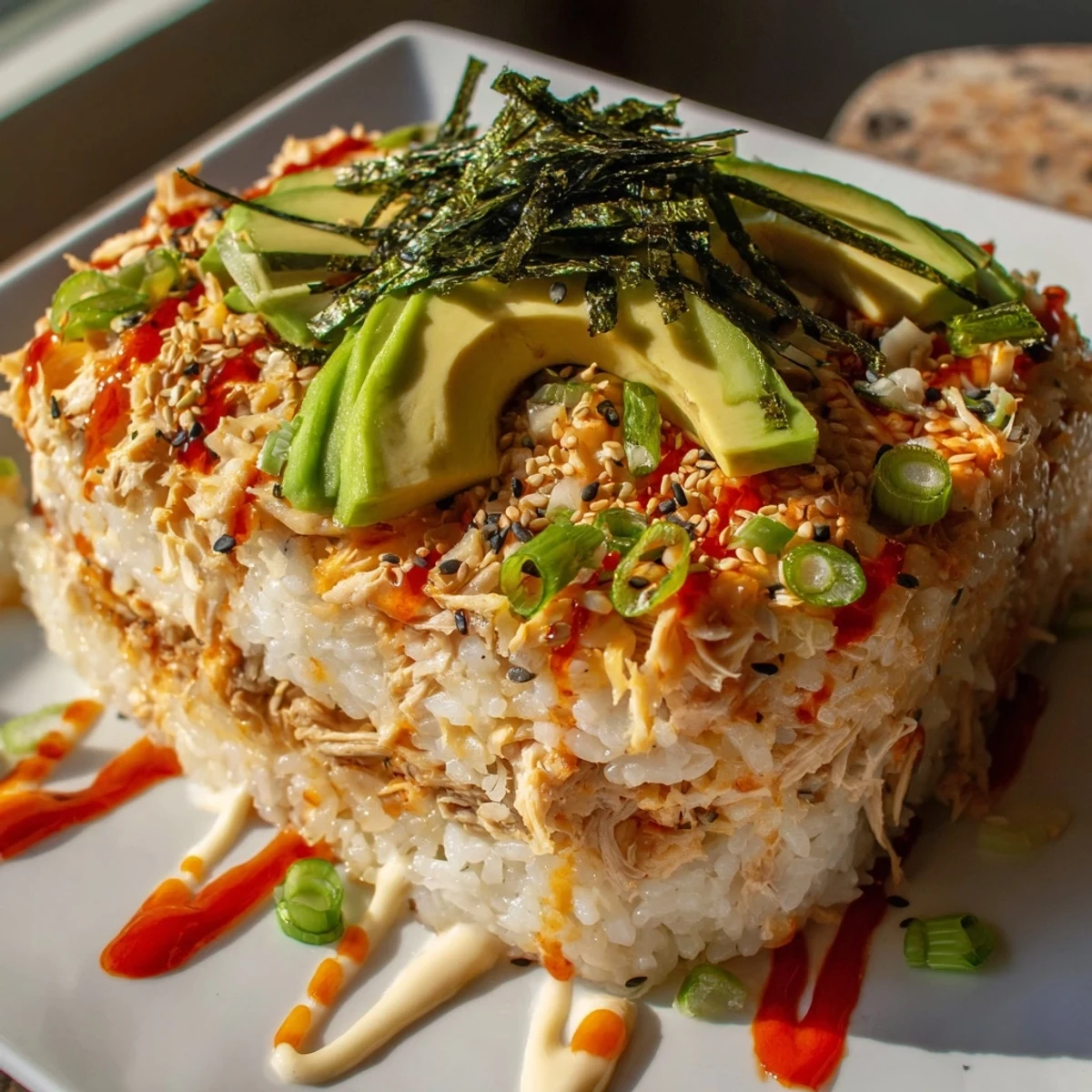 Golden-baked chicken sushi bake with mozzarella, showing a delightful Japanese-American fusion dish.