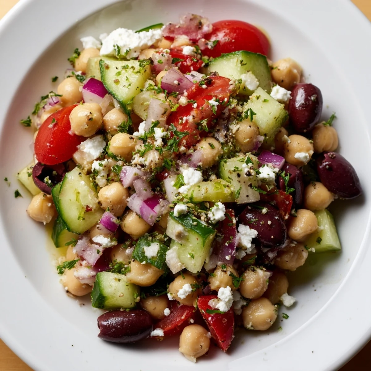 Bright and colorful Mediterranean chickpea salad, perfectly tossed and ready to serve for lunch.