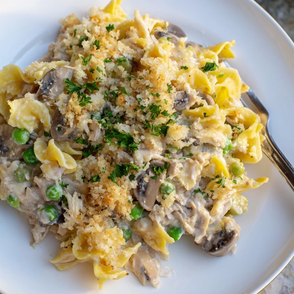 Golden, bubbly tuna noodle casserole with a crispy parmesan topping, a classic comfort food.