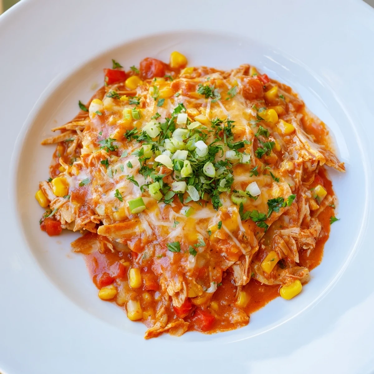 A cheesy, bubbling Chicken Enchilada Skillet, showing off the tender chicken and flavorful sauce.