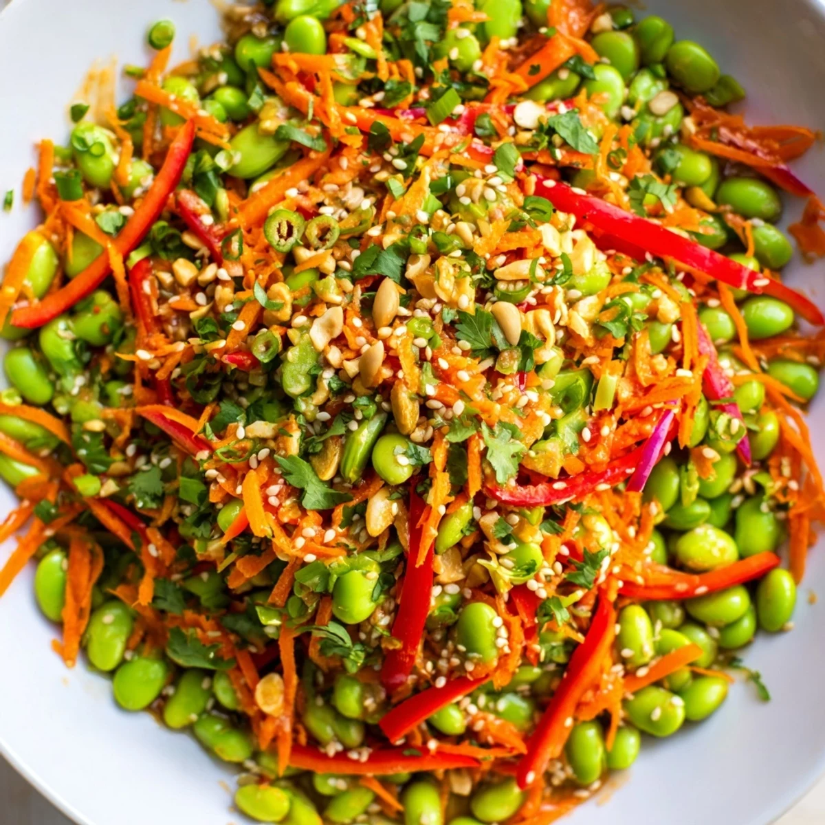 Fresh, vibrantly green Asian edamame salad with sesame seeds; a delicious, healthy meal.