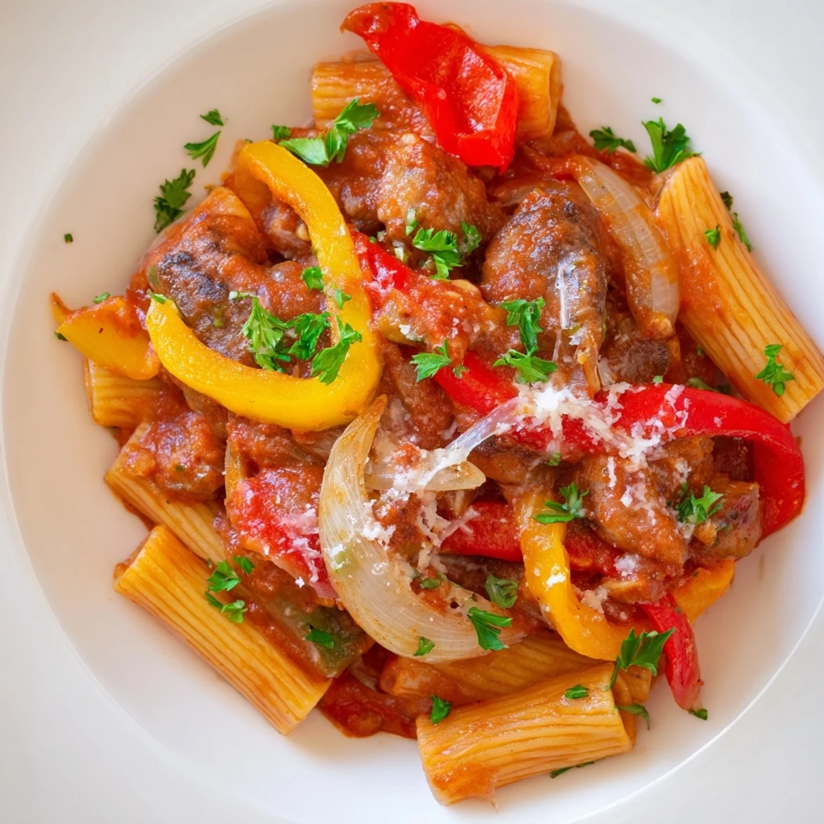Sausage and Peppers Pasta: A vibrant plate showcasing the classic Italian-American comfort food, ready to eat!