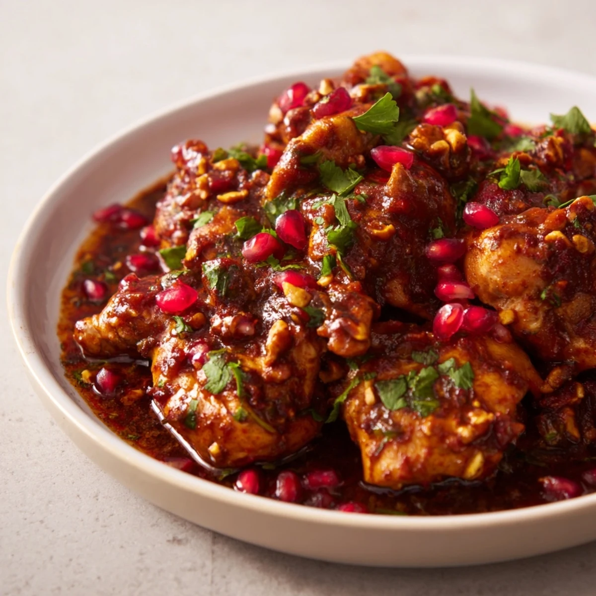 Savory Iranian Fesenjan showcases tender chicken in a sweet and sour pomegranate walnut sauce, ready to serve.