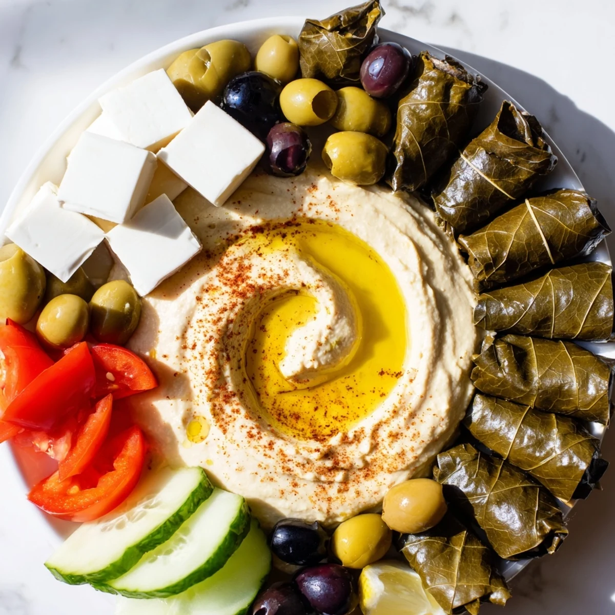 A visually stunning Turkish Meze Platter overflowing with colorful olives, cheeses, and dips.