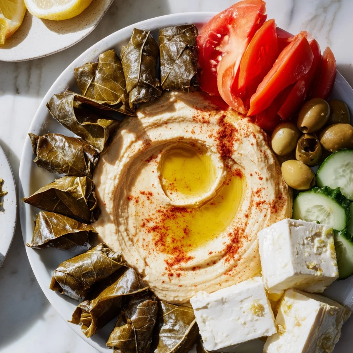 Vibrant close-up of a Turkish Meze Platter, showcasing creamy hummus and savory dolmas ready to enjoy.
