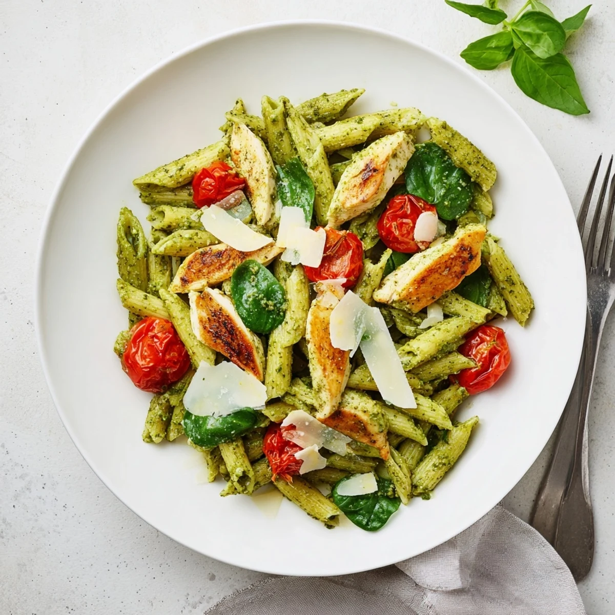 Fresh cherry tomatoes and wilted spinach add color to a hearty serving of Pesto Chicken Pasta garnished with Parmesan.