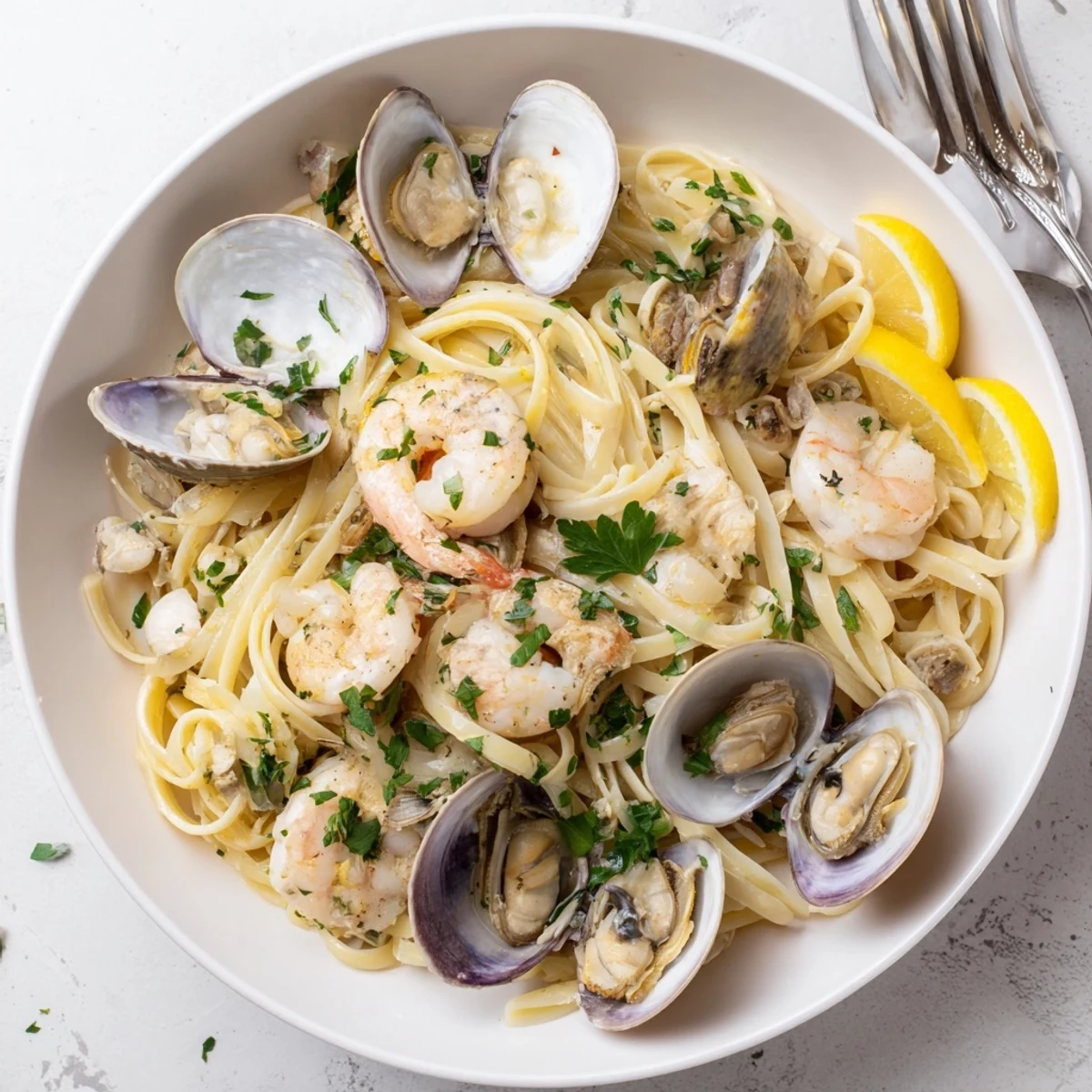 Serving suggestion for Seafood Linguine: a white bowl with pasta twirled around shrimp, mussels, and clams, topped with fresh parsley and lemon.