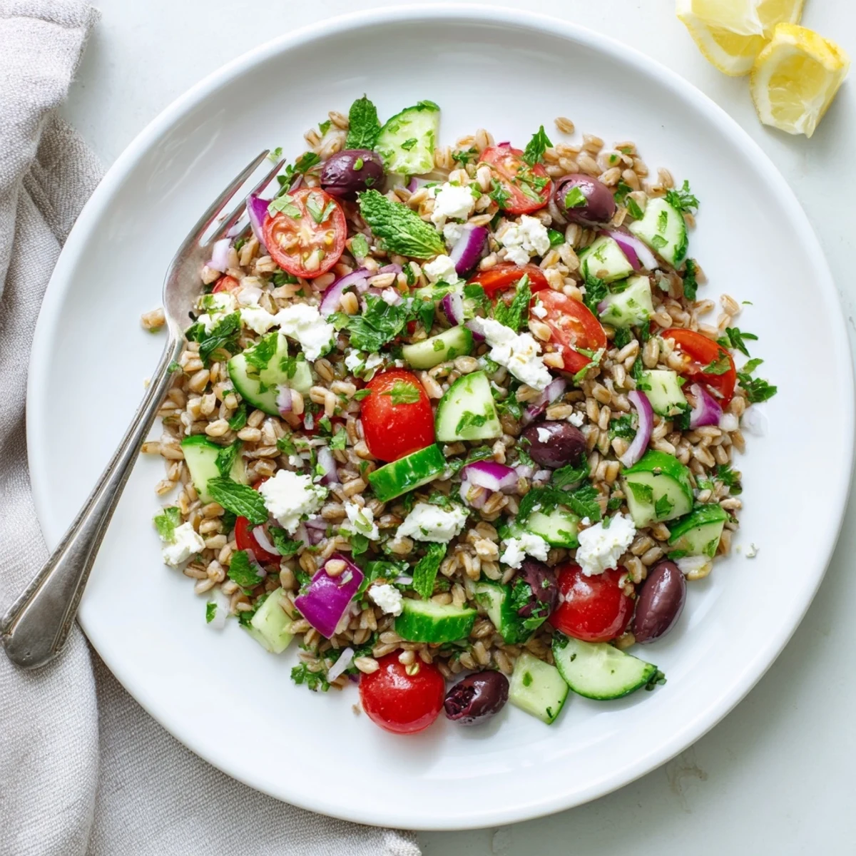 The Farro Salad Mediterranean is plated as a light lunch, garnished with herbs and a lemon wedge, perfect for an American food blog Mediterranean recipe collection.