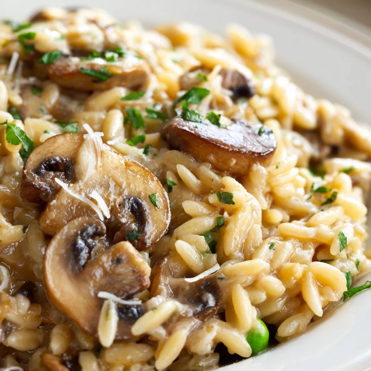 Creamy orzo mushroom risotto-style pasta in a white bowl, garnished with fresh parsley and grated Parmesan cheese.  