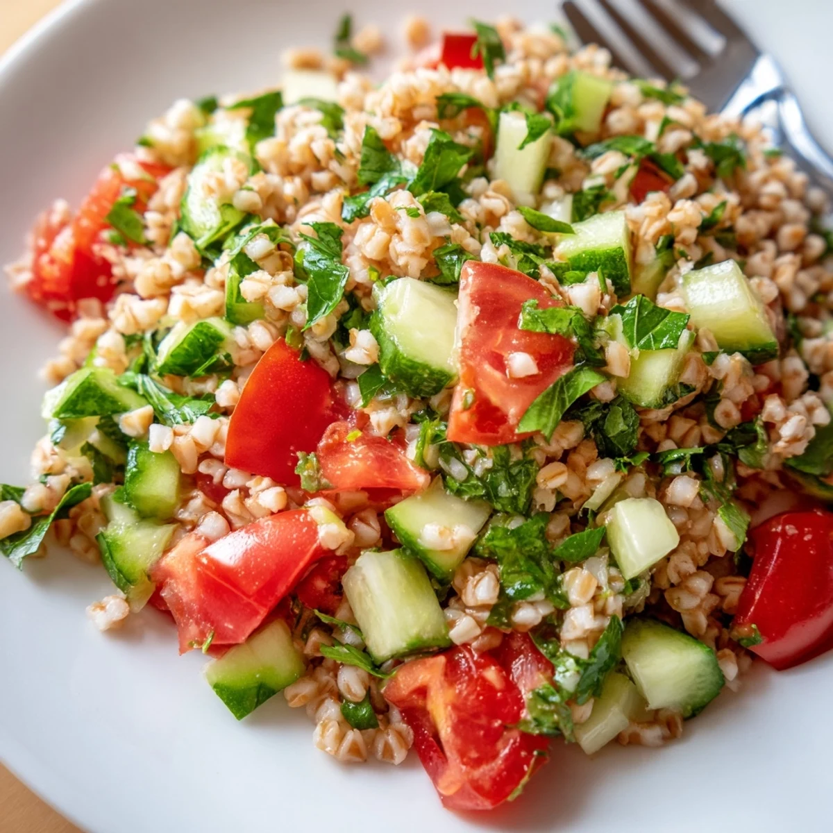 Bright and colorful bowl of homemade Bulgur Wheat Salad Tabbouleh, featuring fluffy bulgur, chopped parsley, diced tomatoes, and crisp cucumber tossed in lemony dressing.  
