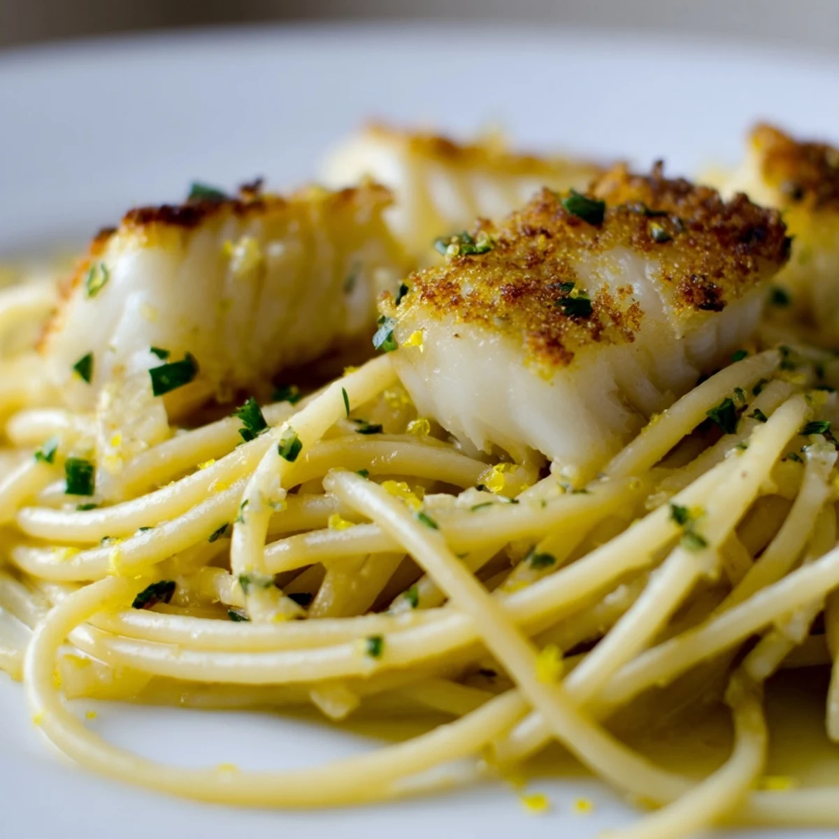 Fresh chives and parsley garnish a plate of Crispy Fish Pasta, paired with lemon wedges and a chilled white wine.