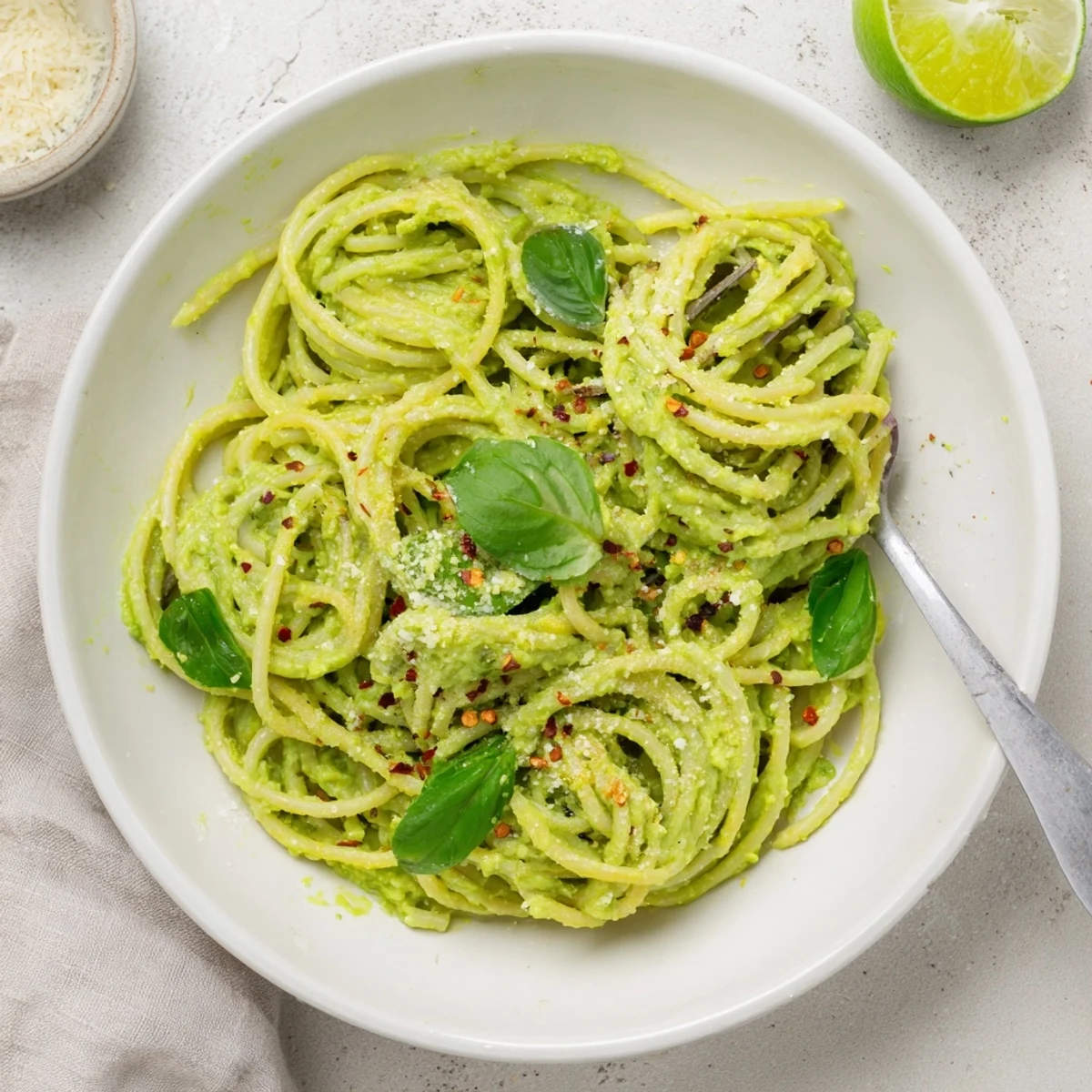 Creamy Smashed Avocado Pasta served with grated Parmesan and lime wedges on a rustic wooden table.