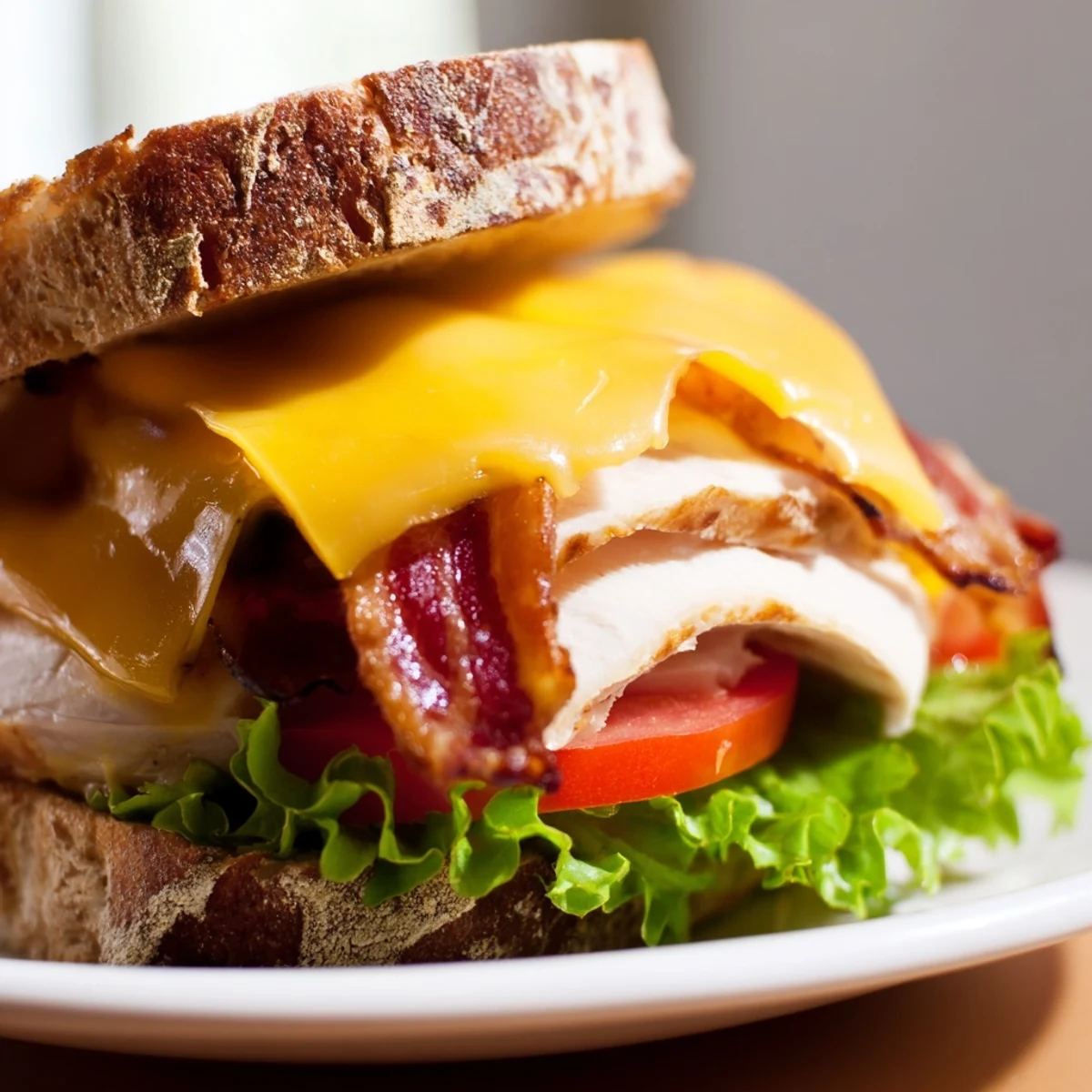Golden brown sourdough slices hold melted cheddar, roasted turkey, crispy bacon, fresh lettuce, and juicy tomato in this Turkey Club Grilled Cheese.