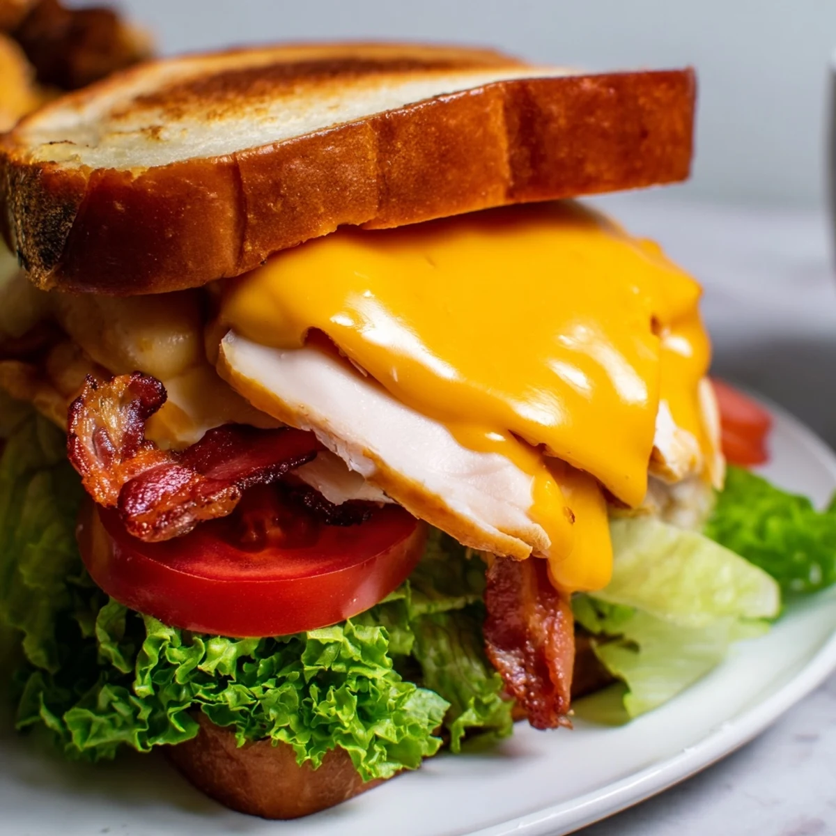 A close-up of a Turkey Club Grilled Cheese shows toasted sourdough, stacked turkey and bacon, with melted cheese oozing onto a plate.