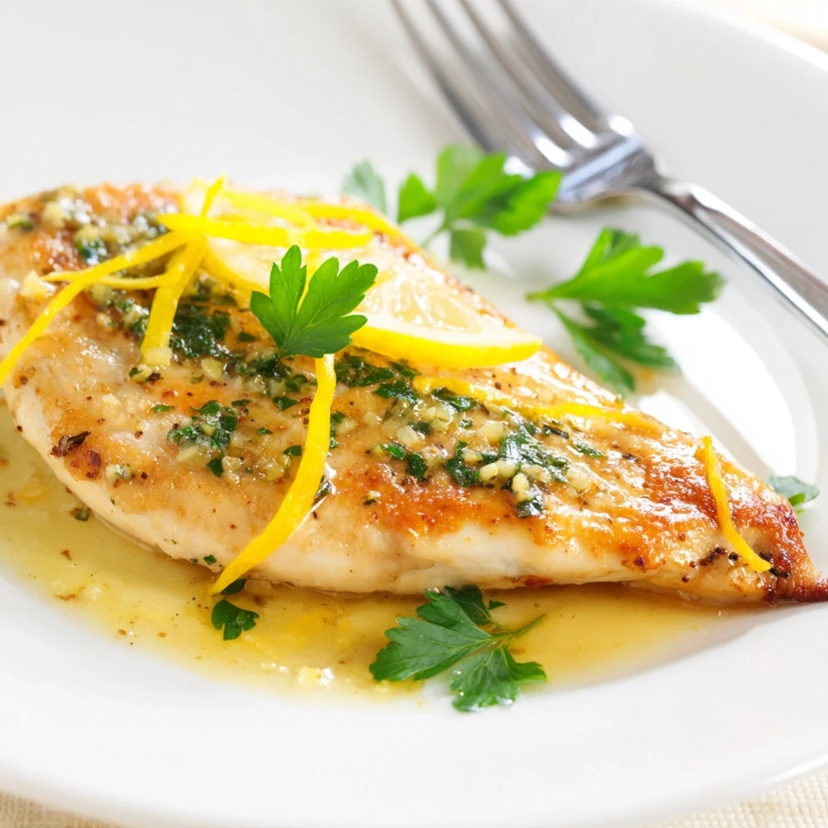 Pan-seared golden chicken breasts coated in a bright lemon-pepper butter sauce, ready to be served over fluffy rice.