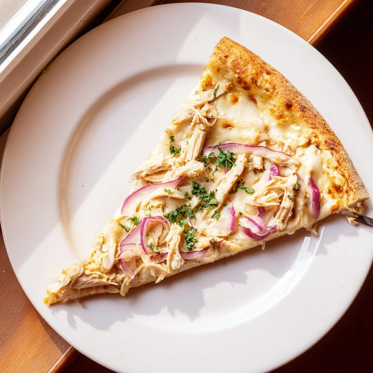 Golden-brown Chicken Alfredo Pizza with creamy white sauce and melted mozzarella on a wood table.