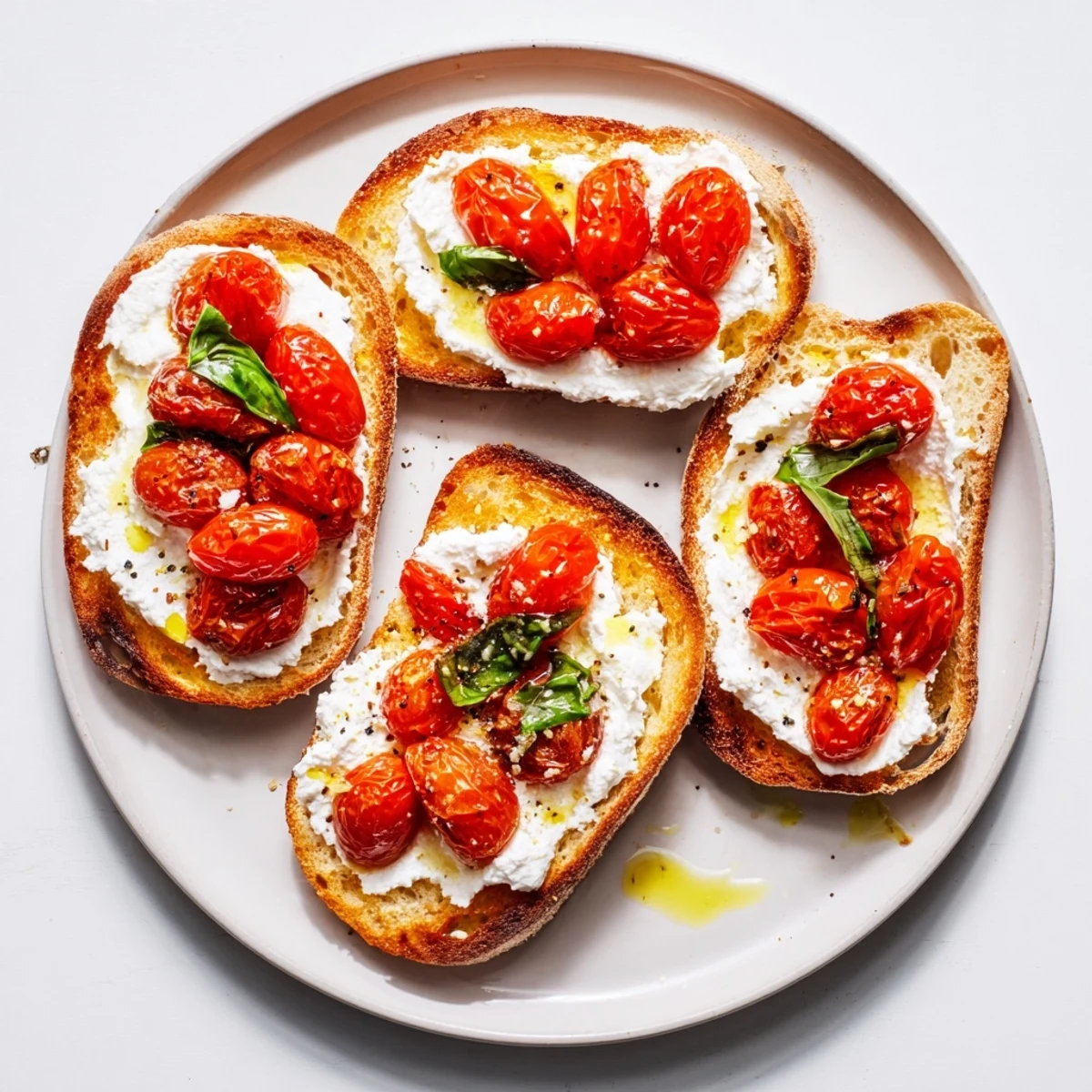 Warm Tomato Ricotta Toast topped with roasted cherry tomatoes and fresh basil on toasted sourdough.