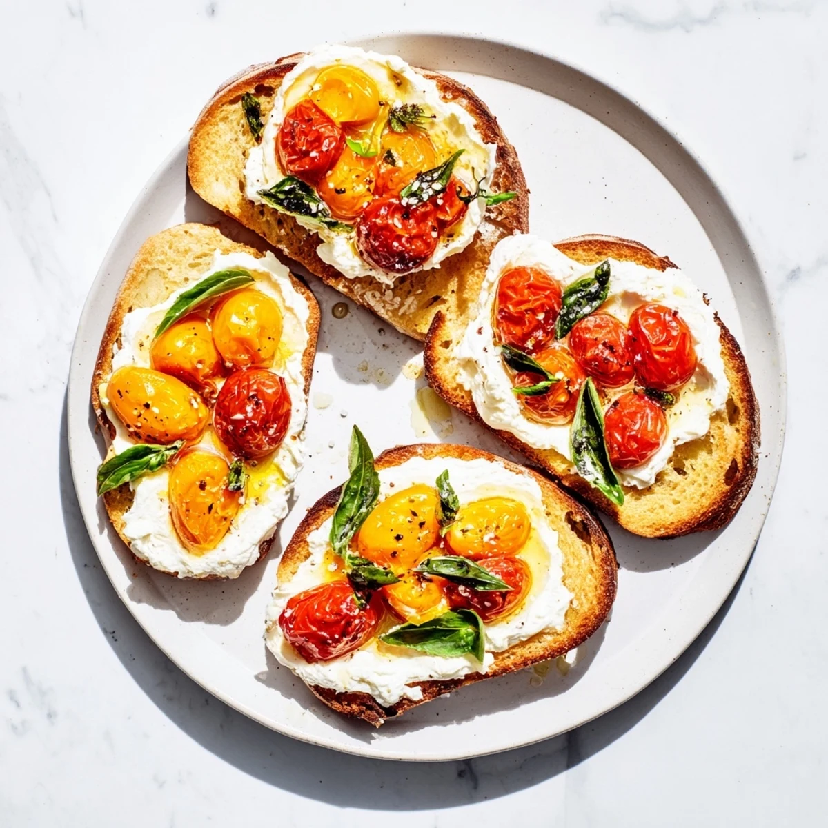 A close-up of Tomato Ricotta Toast, creamy ricotta spread on golden bread with olive oil drizzle.
